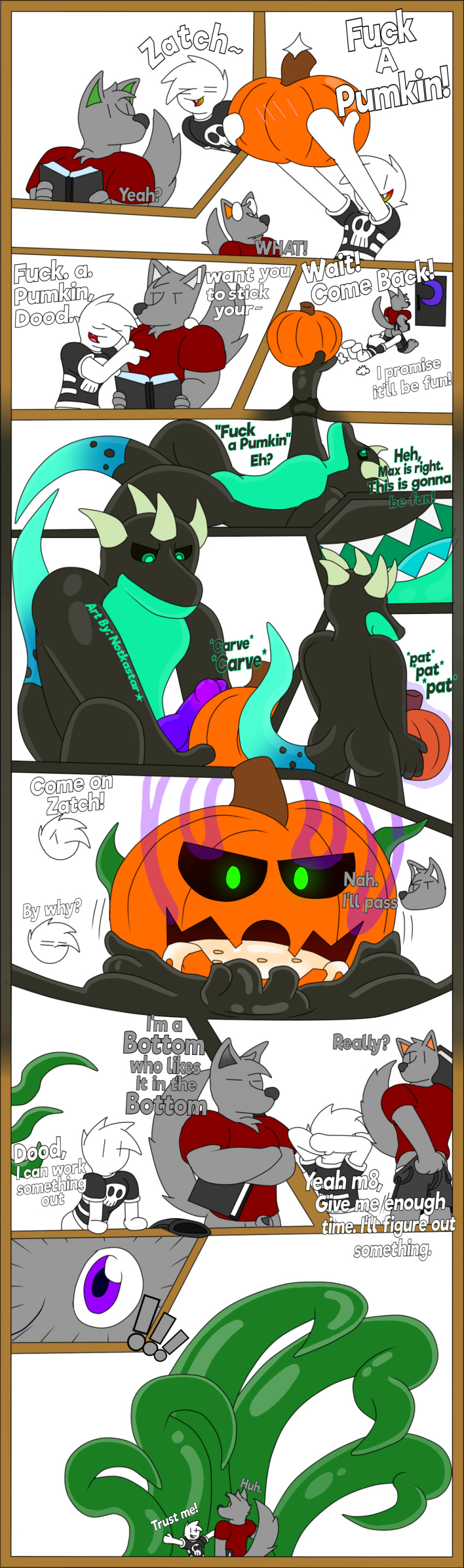 2018 alpha_channel anthro book bottomless canine clothed clothing comic cum dialogue digital_media_(artwork) door dragon duo english_text erection food fruit fur goo_(disambiguation) hair halloween hi_res holidays horn humanoid humor jack_dragon_(character) male male/male mammal max_(character) moon multi_color muscular muscular_male notkastar pants_down partially_clothed plant pulling_pants_down pumpkin seeds shiny shorts signature sketch smile surprise text underwear vertical_bar_eyes wolf zatch_(character)