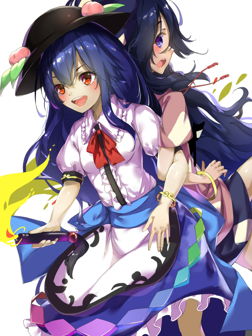 :d back-to-back bangle blue_eyes blue_hair blue_skirt bracelet breasts commentary_request cowboy_shot drawstring dress eyebrows_visible_through_hair food frilled_shirt_collar frills fruit hair_between_eyes hat highres hinanawi_tenshi jewelry layered_dress leaf lifting_person locked_arms long_hair looking_back looking_to_the_side multiple_girls open_mouth peach petticoat pink_hoodie piyodesu puffy_short_sleeves puffy_sleeves red_eyes red_neckwear red_ribbon ribbon short_sleeves sideways_mouth simple_background skirt small_breasts smile stuffed_animal stuffed_cat stuffed_toy sword_of_hisou touhou very_long_hair white_background yorigami_shion