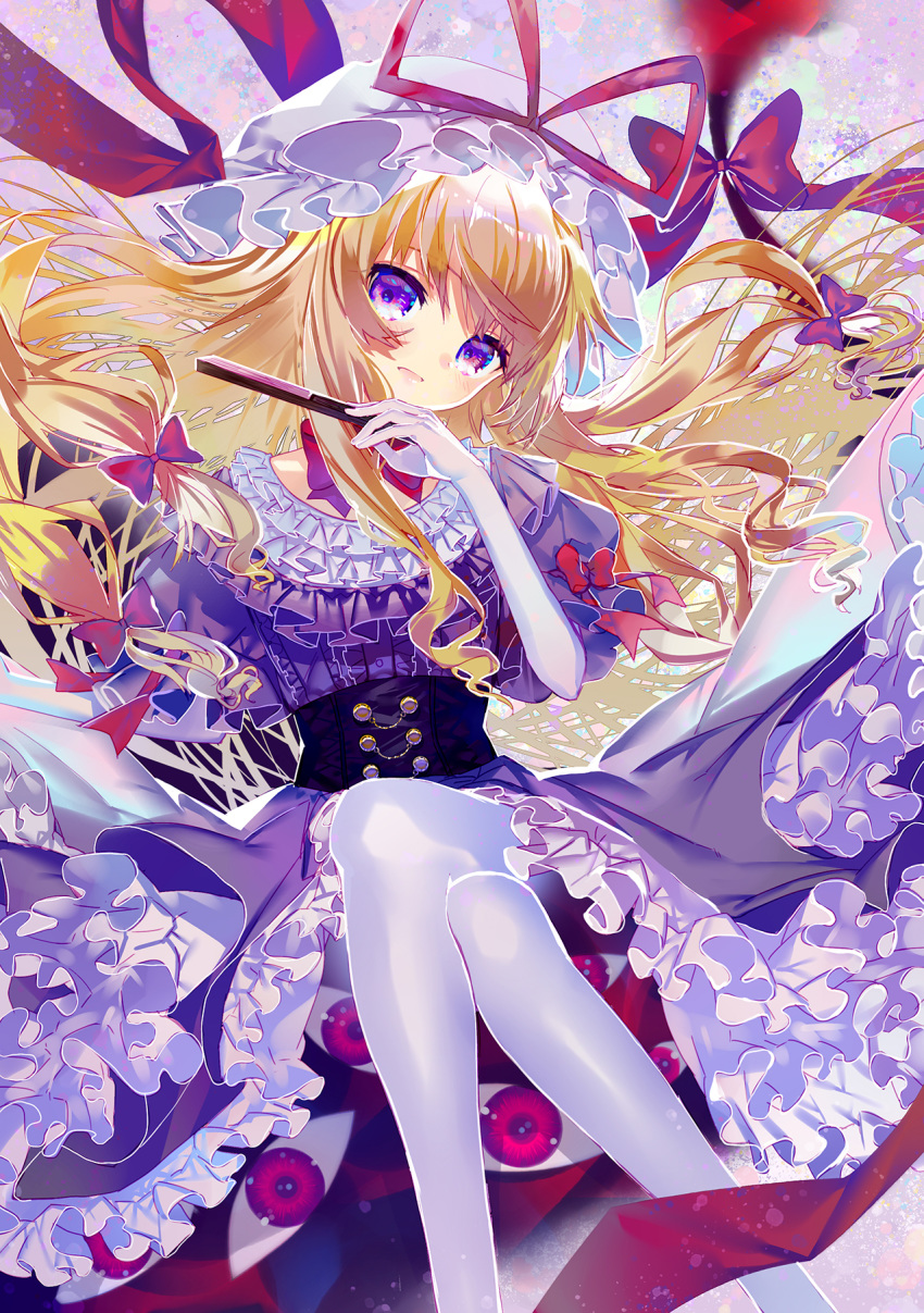bangs blonde_hair blush bow center_frills closed_fan commentary_request corset crossed_legs dress elbow_gloves eyes fan floating floating_object folding_fan frilled_dress frilled_sleeves frills gap gloves hair_bow hand_up hat hat_ribbon head_tilt highres hinasumire holding holding_fan long_hair looking_at_viewer mob_cap pantyhose parted_lips petticoat puffy_short_sleeves puffy_sleeves purple_dress purple_eyes red_bow red_ribbon ribbon short_sleeves solo touhou very_long_hair white_gloves white_legwear yakumo_yukari