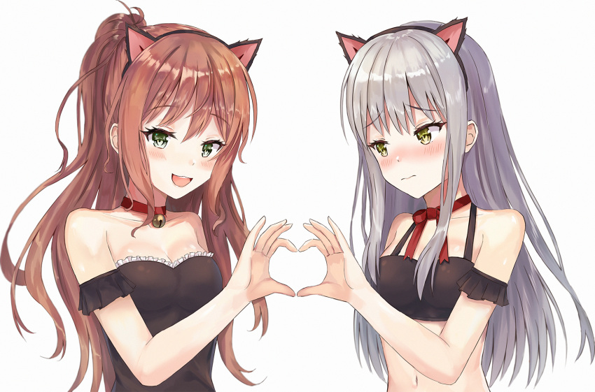 :3 :d animal_ears atychi bang_dream! bangs bare_shoulders bell bell_choker black_bikini_top black_swimsuit blush breasts brown_hair choker collarbone commentary_request embarrassed eyebrows_visible_through_hair fake_animal_ears frilled_swimsuit frills green_eyes hairband half_updo hand_up heart heart_hands heart_hands_duo highres imai_lisa long_hair looking_at_another looking_at_viewer medium_breasts minato_yukina multiple_girls navel nose_blush one-piece_swimsuit one_side_up open_mouth red_choker ribbon_choker shiny shiny_hair sidelocks silver_hair simple_background smile swimsuit upper_body wavy_hair wavy_mouth white_background yellow_eyes