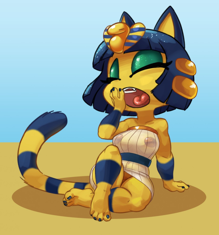 2018 4_fingers 4_toes animal_crossing ankha_(animal_crossing) anthro blue_hair breasts cat clothing digital_media_(artwork) eyes_closed feline female hair mammal nintendo nipples open_mouth short_stack siroc solo teeth toes tongue toony translucent transparent_clothing video_games yawn