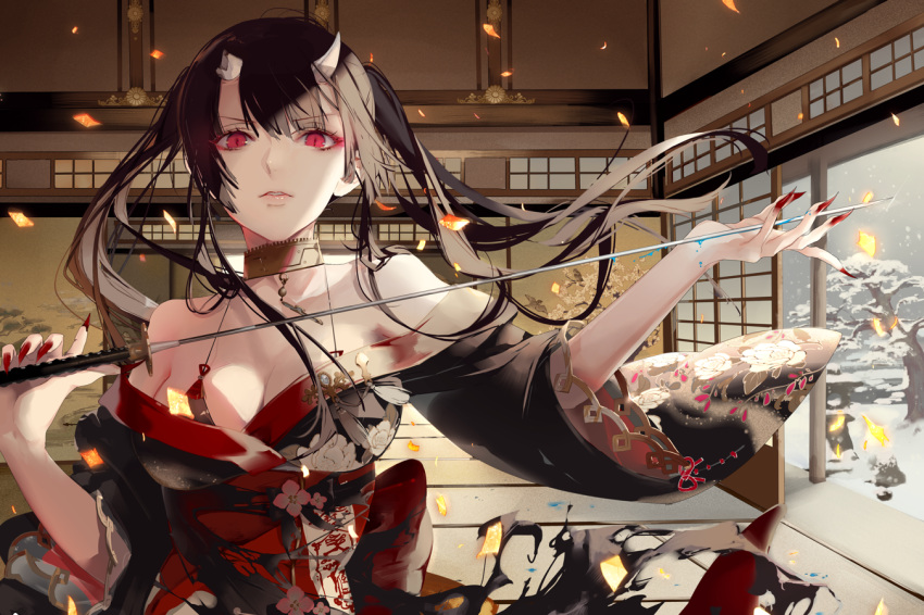 architecture bangs bare_shoulders bikini_top black_hair breasts cleavage collar east_asian_architecture eyebrows_visible_through_hair eyeshadow facing_viewer hair_between_eyes halterneck holding holding_sword holding_weapon horns indoors japanese_clothes katana kimono large_breasts long_hair looking_at_viewer makeup nail_polish obi off_shoulder original parted_lips red_eyes red_nails sash sharp_nails sliding_doors snowing source_request standing sword tatami tree weapon wide_sleeves yukisame
