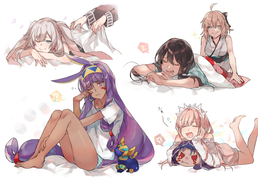 &gt;:) ;( ;) ? ^_^ ahoge alternate_costume animal_ears bangs bare_arms bare_legs bare_shoulders barefoot beamed_eighth_notes bed_sheet black_hair blanket blonde_hair blue_eyes blue_hair blue_panties blush charles_henri_sanson_(fate/grand_order) closed_eyes closed_mouth cu_chulainn_alter_(fate/grand_order) dark_skin disembodied_limb dress drooling drowsy eighth_note eyebrows_visible_through_hair facial_mark fang fang_out fate/grand_order fate_(series) frown gradient_hair grey_hair hairband hand_on_own_leg hands_on_own_cheeks hands_on_own_face highres holding japanese_clothes kimono knees_up lancer legs_up long_hair long_sleeves low-tied_long_hair lying marie_antoinette_(fate/grand_order) medb_(fate)_(all) medb_(fate/grand_order) mini_cu-chan multicolored_hair multiple_girls musical_note nitocris_(fate/grand_order) no_hat no_headwear oda_nobunaga_(fate) off-shoulder_dress off-shoulder_sweater off_shoulder okita_souji_(fate) okita_souji_(fate)_(all) on_stomach one_eye_closed open_mouth panties pink_hair purple_eyes purple_hair red_eyes shiny shiny_hair shirt short_sleeves sidelocks simple_background sitting sleeping sleepy sleeveless sleeveless_kimono smile smug speech_bubble sphinx_awlad spoken_question_mark spoken_zzz striped striped_panties sweater sweater_dress translation_request twintails two-tone_hairband under_covers underwear very_long_hair waking_up waltz_(tram) wavy_mouth white_background white_dress white_hairband white_kimono white_shirt white_sweater wiping_face yawning