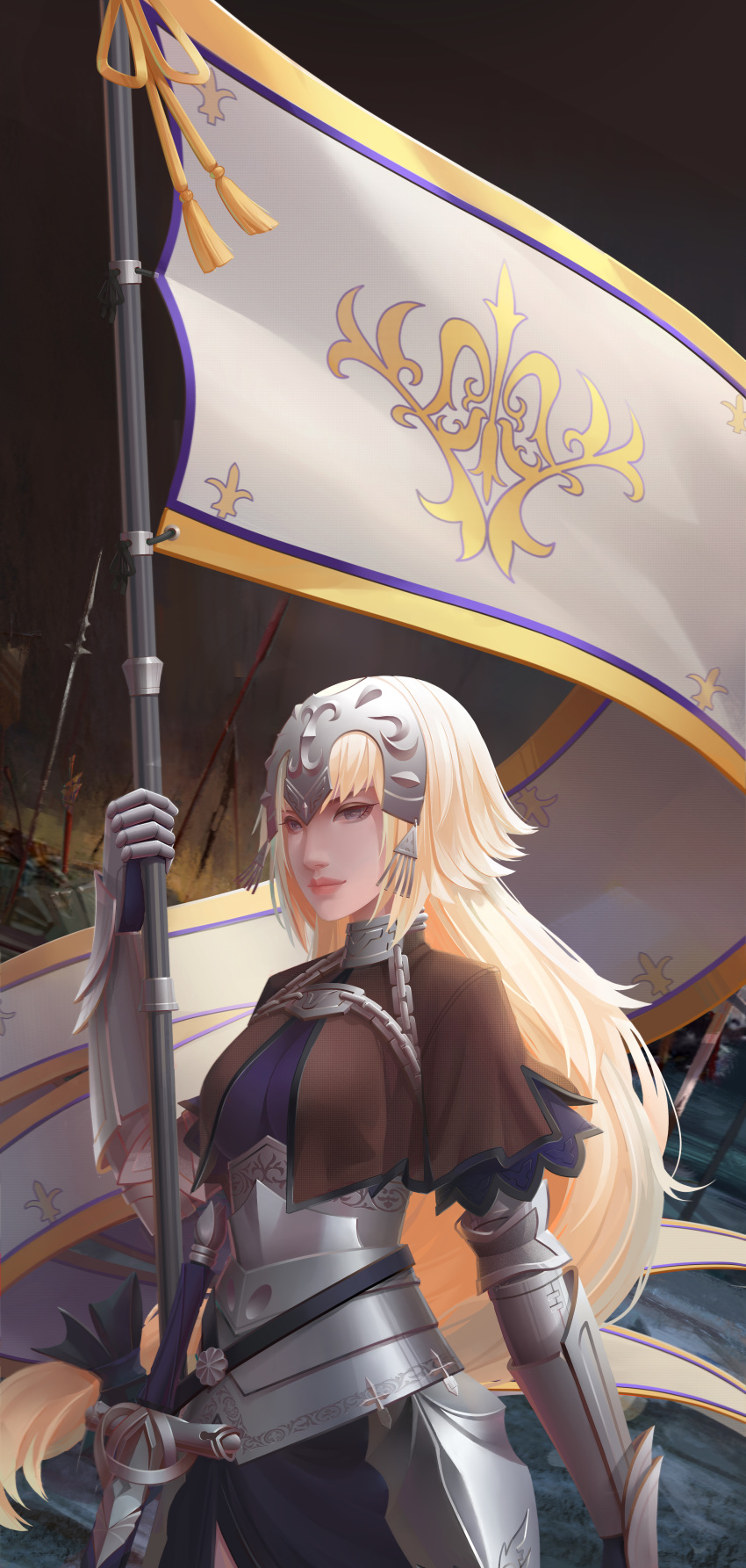 absurdres armor blonde_hair chain dark_sky fate/grand_order fate_(series) flag gauntlets grey_eyes headpiece highres jeanne_d'arc_(fate) jeanne_d'arc_(fate)_(all) long_hair looking_at_viewer outdoors planted_spear planted_sword planted_weapon sheath sheathed solo standing sword weapon yizhibao