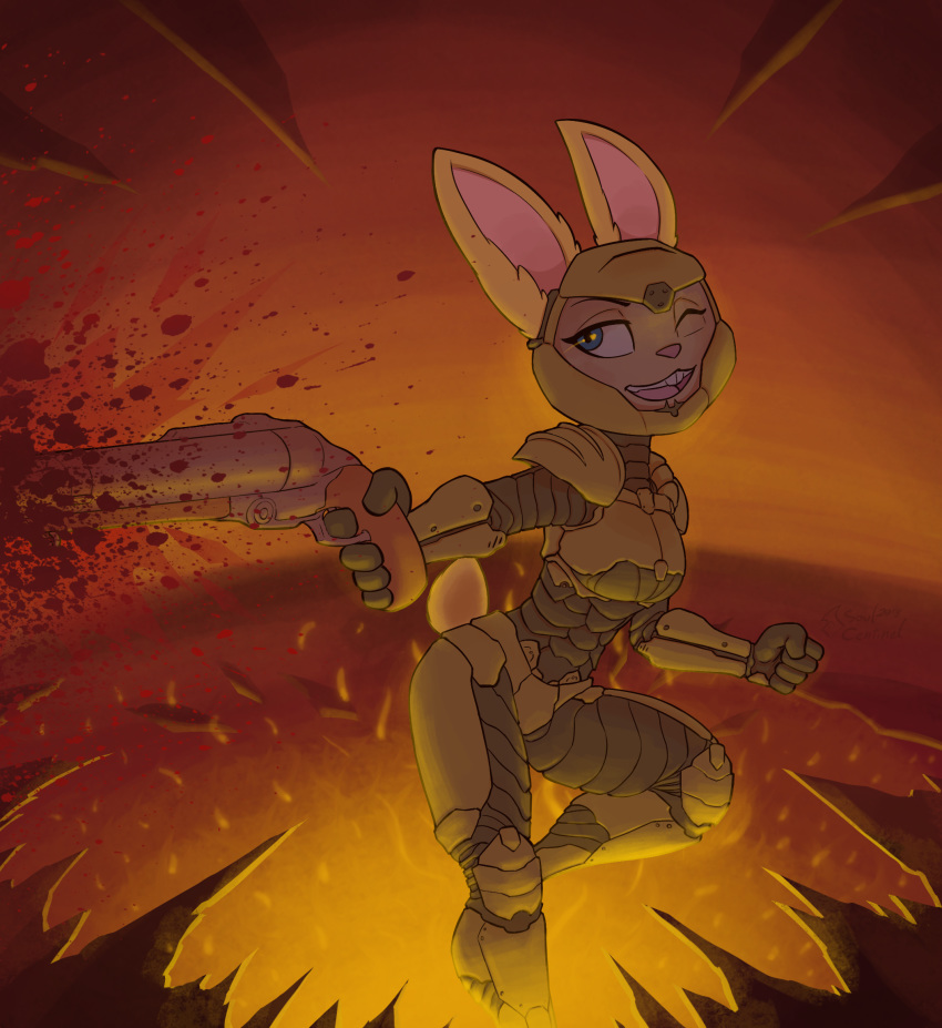 amazing anthro armor blood blue_eyes breasts buckteeth clothing daisy_(doom) doom female fluffy fur gun hell helmet hi_res holding_object holding_weapon lagomorph mammal one_eye_closed open_mouth open_smile rabbit ranged_weapon shotgun smile solo soulcentinel teeth video_games weapon wide_hips