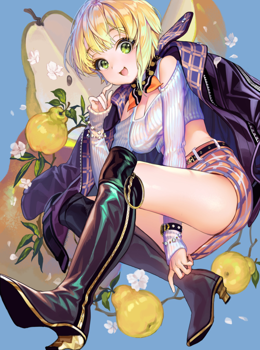 1girl :d ass bangs bead_bracelet beads belt black_footwear blonde_hair blue_background boots bracelet breasts cherrypin cleavage commentary_request crop_top flower food fruit full_body green_eyes hand_up heels high_heel_boots high_heels highres idolmaster idolmaster_cinderella_girls jacket jacket_on_shoulders jewelry knee_boots long_sleeves looking_at_viewer medium_breasts midriff miniskirt miyamoto_frederica neck_ribbon open_clothes open_jacket open_mouth orange_neckwear orange_skirt pear pencil_skirt plaid plaid_skirt plant purple_jacket ribbed_sweater ribbon short_hair shoulder_cutout simple_background skirt sleeves_past_wrists smile solo sweater tareme thighs white_flower zipper