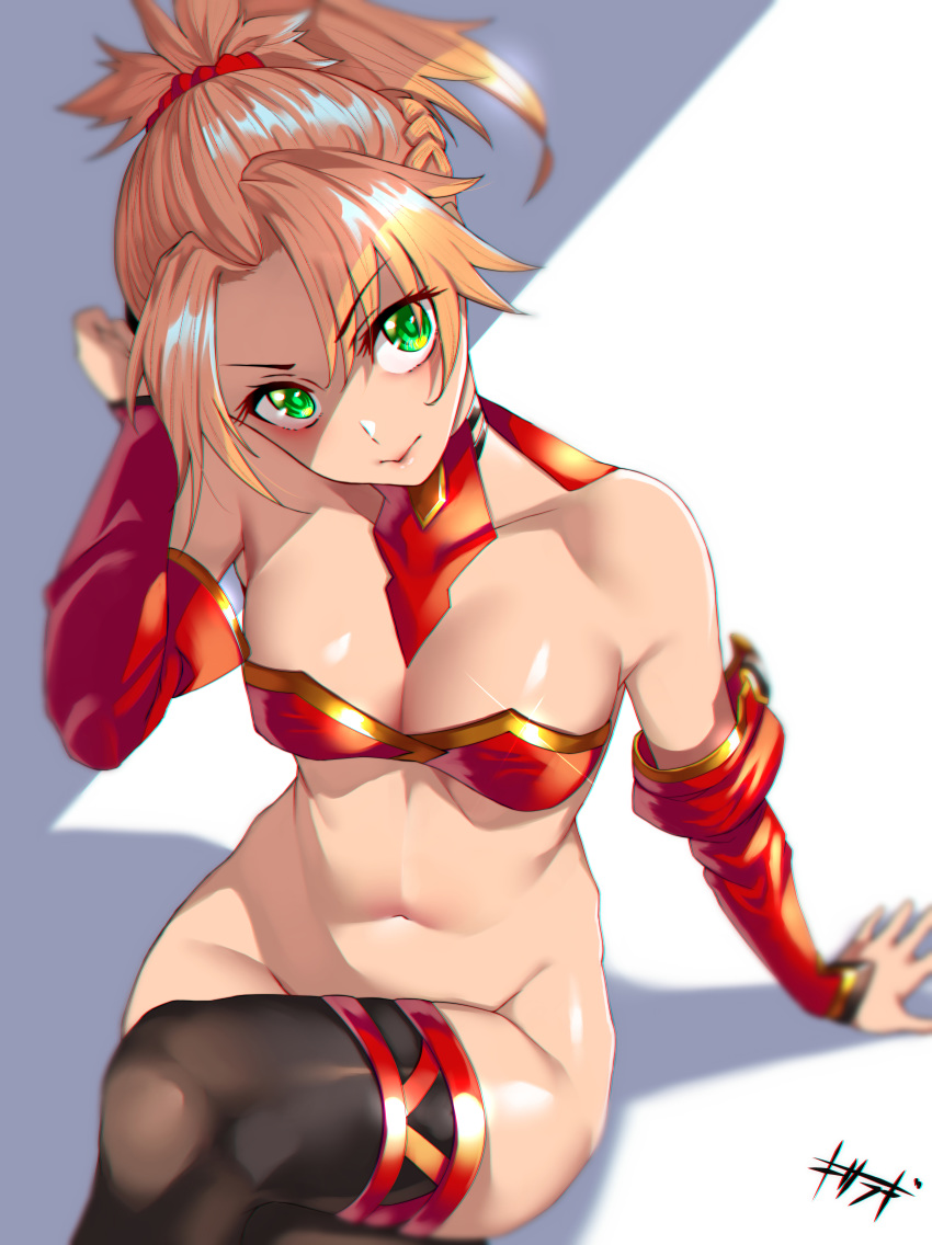 absurdres arm_at_side arm_support armor bangs bare_shoulders black_legwear blonde_hair blush bottomless braid breasts collarbone commentary_request cowboy_shot crossed_legs eyebrows_visible_through_hair eyes_visible_through_hair fate/apocrypha fate/grand_order fate_(series) french_braid from_above green_eyes hair_ornament hair_scrunchie highres hips kisaragi_(legobionicle23) long_hair looking_at_viewer messy_hair mordred_(fate) mordred_(fate)_(all) navel no_panties ponytail red_bikini_top red_scrunchie scrunchie shiny shiny_skin signature sitting small_breasts solo spiked_hair thighhighs thighs