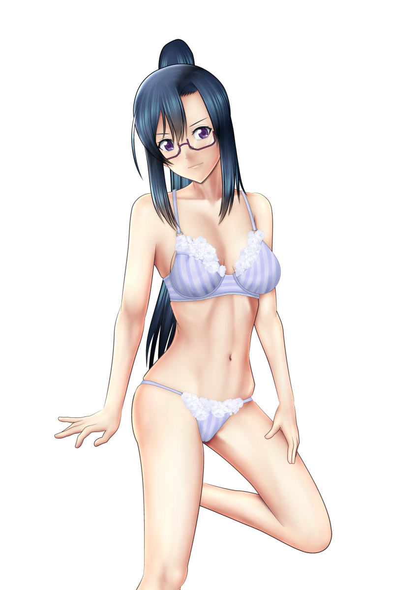 asymmetrical_bangs bangs black-framed_eyewear black_hair bra breasts closed_mouth commentary_request glasses hand_on_own_thigh hanebado! head_tilt highres izumi_riko lace lace-trimmed_bra lace-trimmed_panties leg_up legs light_smile long_hair looking_at_viewer medium_breasts navel panties ponytail purple_eyes semi-rimless_eyewear sidelocks simple_background skindentation solo standing standing_on_one_leg string_panties striped under-rim_eyewear underwear vertical-striped_bra vertical-striped_panties vertical_stripes white_background y_y_e_cart_mach