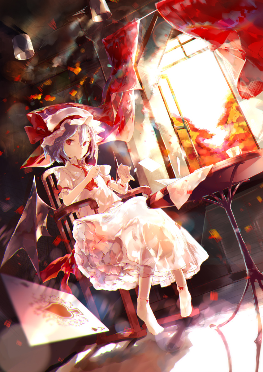 ace_of_spades ascot autumn bat_wings blue_hair card chair commentary_request cup curtains dress dutch_angle full_body hair_between_eyes hat hat_ribbon highres holding holding_card holding_cup lens_flare mob_cap no_shoes open_bag petticoat puffy_short_sleeves puffy_sleeves red_eyes red_neckwear red_ribbon remilia_scarlet ribbon sakusyo shadow short_hair short_sleeves sitting socks solo table teacup touhou tree white_dress white_hat white_legwear wind window wing_collar wings