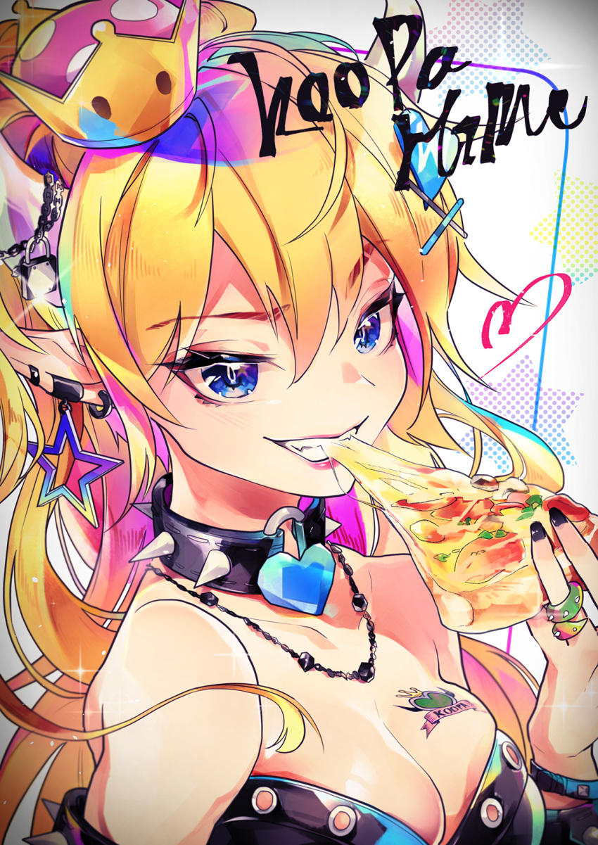 bare_shoulders biting black_collar black_nails blonde_hair blue_eyes borrowed_design bowsette breast_tattoo breasts character_name cleavage collar collarbone commentary_request crown ear_piercing earrings eating eyebrows_visible_through_hair fangs fingernails food grin hair_between_eyes heart heart_collar heart_tattoo highres holding holding_food horn_ornament horns jessie6533 jewelry lipstick long_hair makeup mario_(series) nail_polish necklace new_super_mario_bros._u_deluxe nib_pen_(medium) piercing pizza pointy_ears ring skindentation slit_pupils smile solo spiked_armlet spiked_collar spiked_ring spikes strapless super_crown tattoo traditional_media tsurime upper_body v-shaped_eyebrows