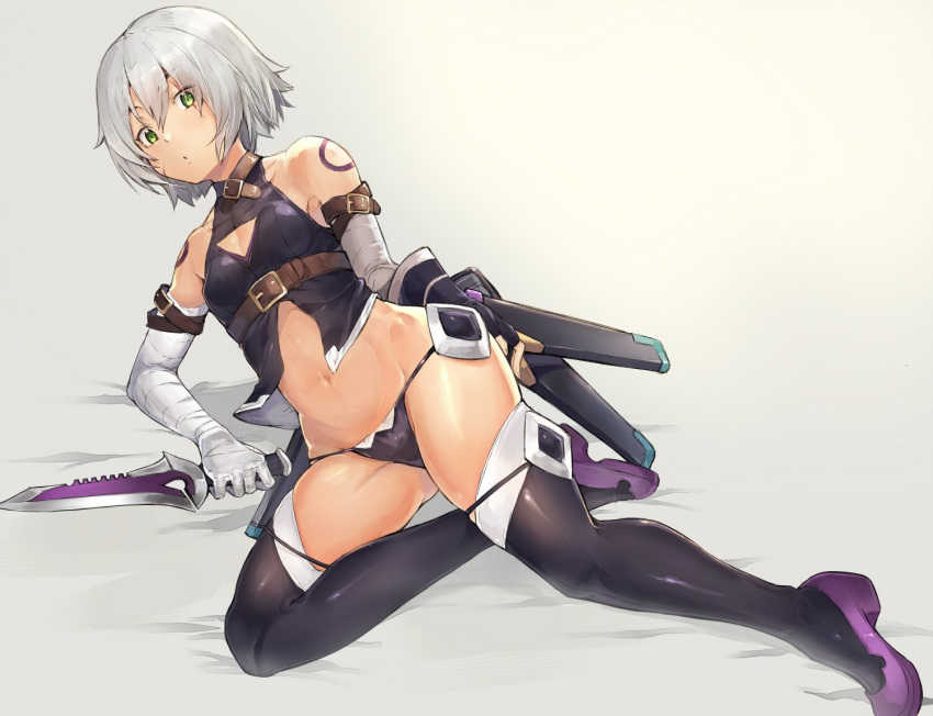 arm_belt bandaged_arm bandages bare_shoulders black_legwear black_panties breasts chest_belt commentary dagger facial_scar fate/apocrypha fate_(series) green_eyes holding holding_dagger holding_weapon jack_the_ripper_(fate/apocrypha) midriff navel panties purple_footwear scabbard scar scar_across_eye scar_on_cheek sheath short_hair silver_hair small_breasts solo sumisu_(mondo) thighhighs underwear weapon