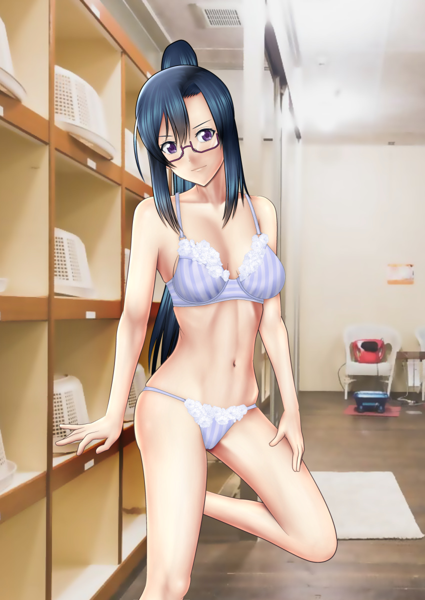 arm_support asymmetrical_bangs bangs bath black-framed_eyewear black_hair bra breasts changing_room closed_mouth commentary_request glasses hand_on_own_thigh hanebado! head_tilt highres izumi_riko lace lace-trimmed_bra lace-trimmed_panties leg_up legs light_smile long_hair looking_at_viewer medium_breasts navel panties partial_commentary photo_background ponytail purple_eyes semi-rimless_eyewear sidelocks skindentation solo standing standing_on_one_leg string_panties striped under-rim_eyewear underwear vertical-striped_bra vertical-striped_panties vertical_stripes y_y_e_cart_mach