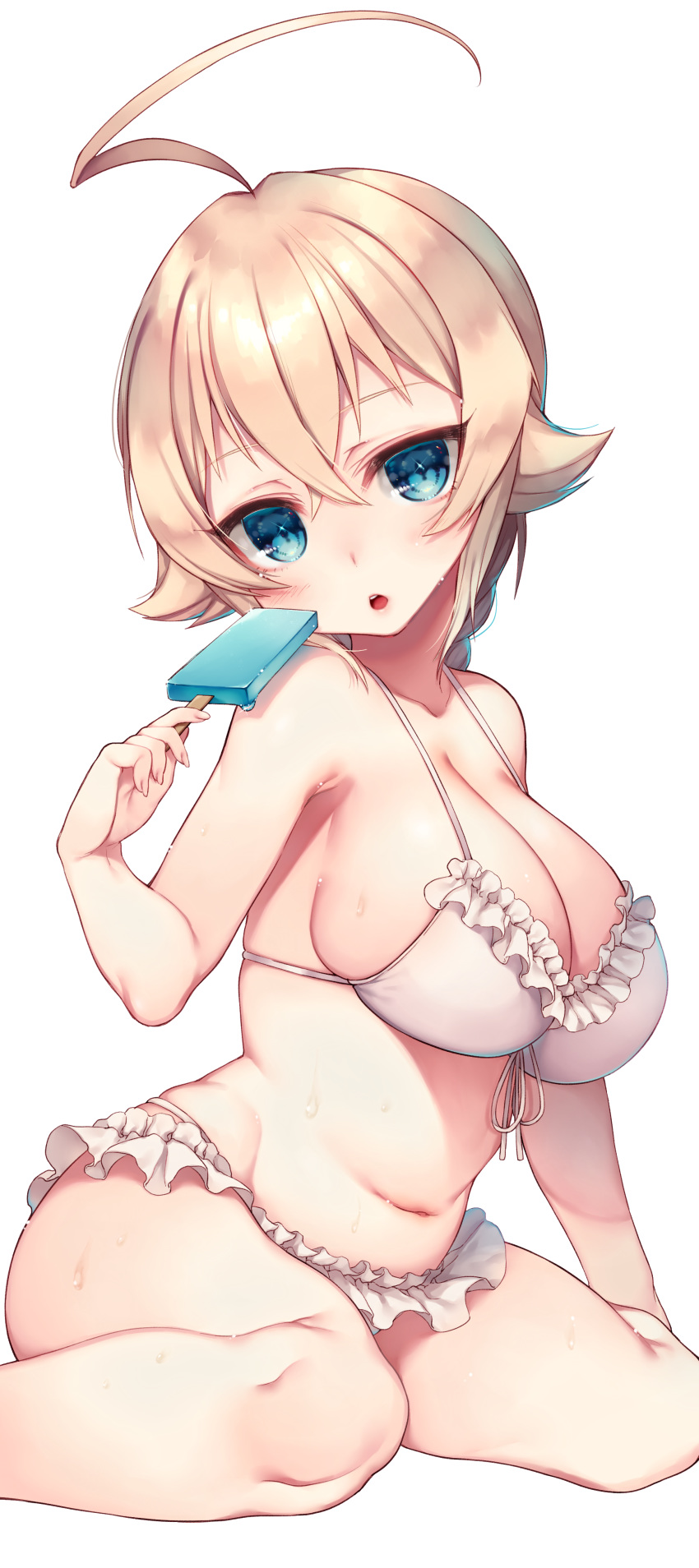 absurdres ahoge blazblue blonde_hair blue_eyes braid breasts es_(xblaze) food highres himegi_you large_breasts looking_at_viewer navel open_mouth popsicle simple_background single_braid sitting solo sweat wariza white_background xblaze