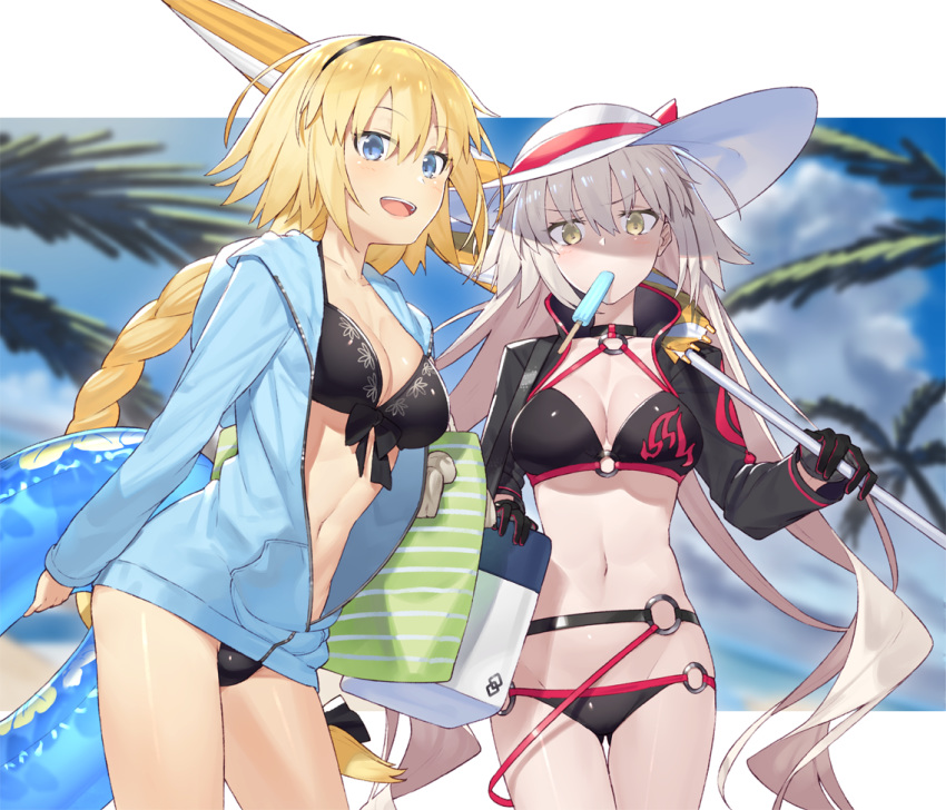 :d ahoge bangs beach_umbrella bikini black_bikini black_choker black_hairband black_jacket blonde_hair blue_eyes blue_innertube blue_jacket braid breasts choker cloud cloudy_sky commentary_request cooler cowboy_shot cropped_jacket eyebrows_visible_through_hair fate/grand_order fate_(series) food food_in_mouth front-tie_bikini front-tie_top hair_between_eyes hairband hat hayashi_kewi head_tilt holding holding_innertube hood hood_down hooded_jacket innertube jacket jeanne_d'arc_(alter_swimsuit_berserker) jeanne_d'arc_(fate)_(all) jeanne_d'arc_(swimsuit_archer) large_breasts long_braid long_hair looking_at_viewer mouth_hold multiple_girls navel o-ring o-ring_bikini o-ring_bottom o-ring_top open_mouth outdoors over_shoulder palm_tree popsicle shrug_(clothing) silver_hair single_braid sky smile sun_hat swimsuit tote_bag transparent tree umbrella very_long_hair yellow_eyes