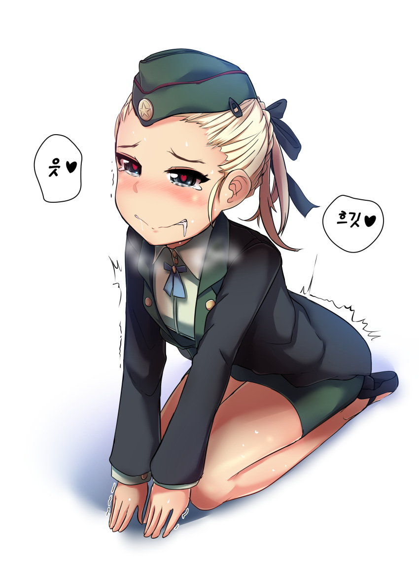 absurdres black_jacket blonde_hair blue_eyes blush commentary_request dogeza girls_frontline green_jacket green_skirt hair_ribbon hat highres jacket long_sleeves looking_at_viewer military military_hat military_jacket military_uniform miniskirt ribbon serdyukov_(girls_frontline) sexually_suggestive shirt shoes short_hair simple_background sitting skirt solo uniform white_background white_shirt yellowseeds