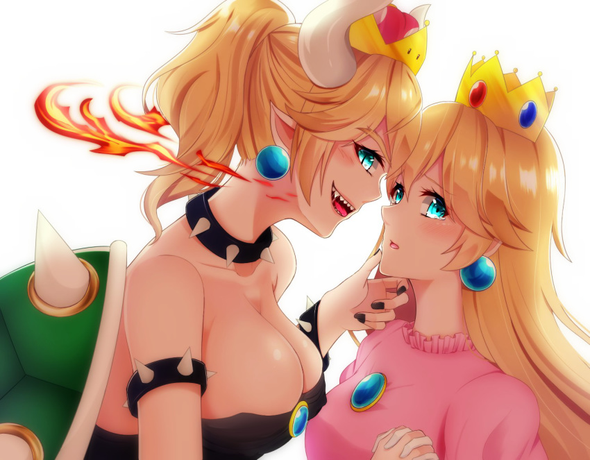 :d bare_shoulders black_dress blonde_hair blue_eyes bowsette breasts cleavage collar commentary_request crown dress earrings fire hand_on_another's_chin horns interlocked_fingers jewelry long_hair looking_at_viewer mario_(series) multiple_girls new_super_mario_bros._u_deluxe nya_rl off-shoulder_dress off_shoulder open_mouth pink_dress pointy_ears ponytail princess_peach sharp_teeth simple_background smile spiked_collar spiked_shell spikes super_crown super_mario_bros. tears teeth white_background yuri