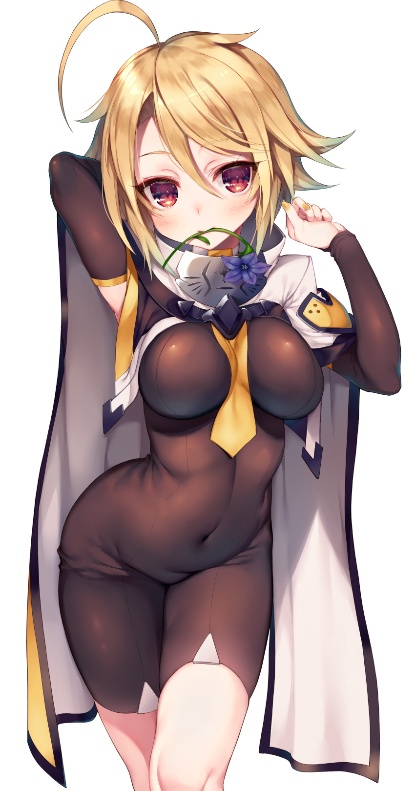 absurdres ahoge arms_up blazblue blonde_hair blush bodysuit breasts cape covered_navel flower highres himegi_you lambda-11 long_hair medium_breasts mouth_hold red_eyes simple_background skin_tight solo white_background