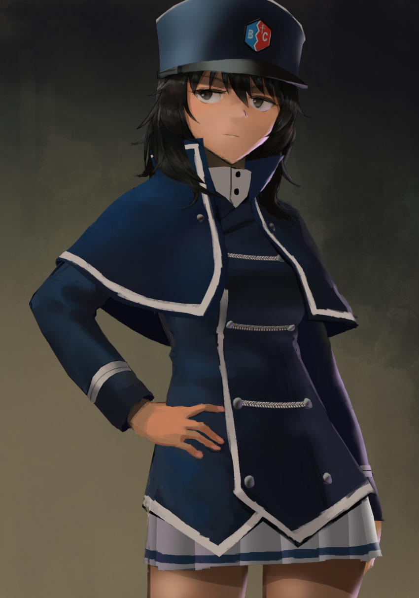 adapted_uniform andou_(girls_und_panzer) bangs bc_freedom_(emblem) bc_freedom_military_uniform black_hair blue_capelet blue_hat blue_jacket brown_eyes capelet closed_mouth commentary cowboy_shot dark_skin double-breasted dress_shirt dress_uniform emblem frown furukawa_herzer girls_und_panzer hand_on_hip hat high_collar highres jacket long_sleeves looking_at_viewer medium_hair messy_hair military military_hat military_uniform miniskirt pleated_skirt shako_cap shirt single_horizontal_stripe skirt solo uniform white_shirt white_skirt