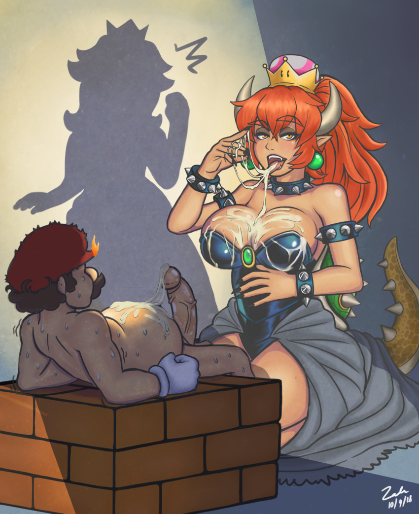alternate_species animal_humanoid being_watched big_breasts bowser bowsette_meme breasts cleavage clothed clothing collar crossgender cum cum_on_breasts cum_on_self cum_on_tongue cum_string ear_piercing erection female hair horn human humanoid humanoidized koopa looking_at_viewer male male/female mammal mario mario_bros nintendo open_mouth penis piercing red_eyes red_hair scalie super_crown sweat tongue tongue_out video_games zalsfm