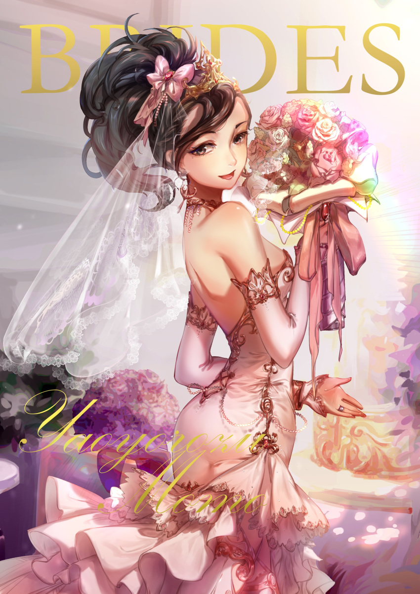 :d absurdres black_hair boku_no_hero_academia bouquet bow breasts bridal_veil bride brown_eyes character_name detached_sleeves diadem dress floating_hair flower from_side hair_bow high_ponytail highres holding holding_bouquet jewelry layered_dress long_dress long_hair looking_at_viewer medium_breasts mozer_(zerlinda) open_mouth pink_bow pink_flower pink_rose ring rose sideboob sleeveless sleeveless_dress smile solo standing veil wedding_dress wedding_ring white_dress white_flower yaoyorozu_momo