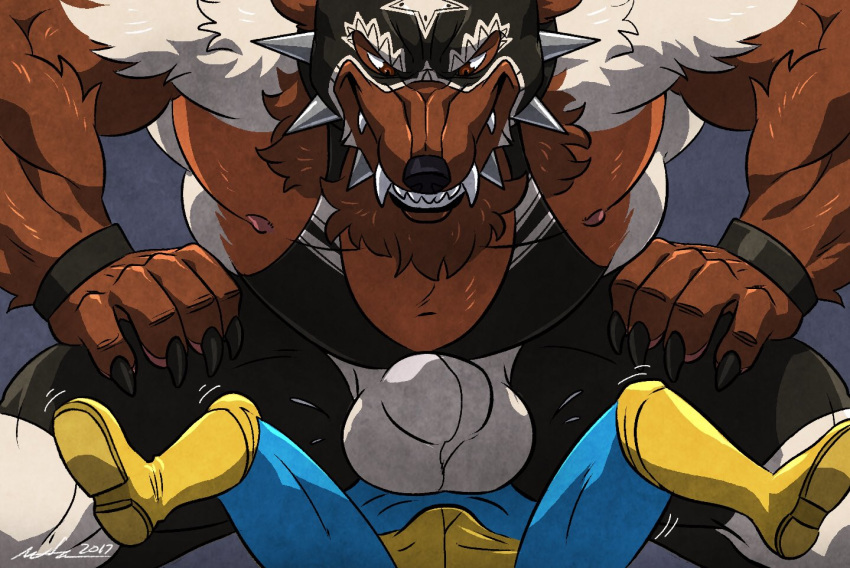 2017 anthro belly biceps big_bulge bulge claws clothing collar duo facesitting fangs fur hair madcow100 male male/male mammal mask muscular muscular_male mustelid nipples pecs pinned shirt simple_background sitting smile spiked_collar spikes squash squashing tank_top wfa wolverine wrestling