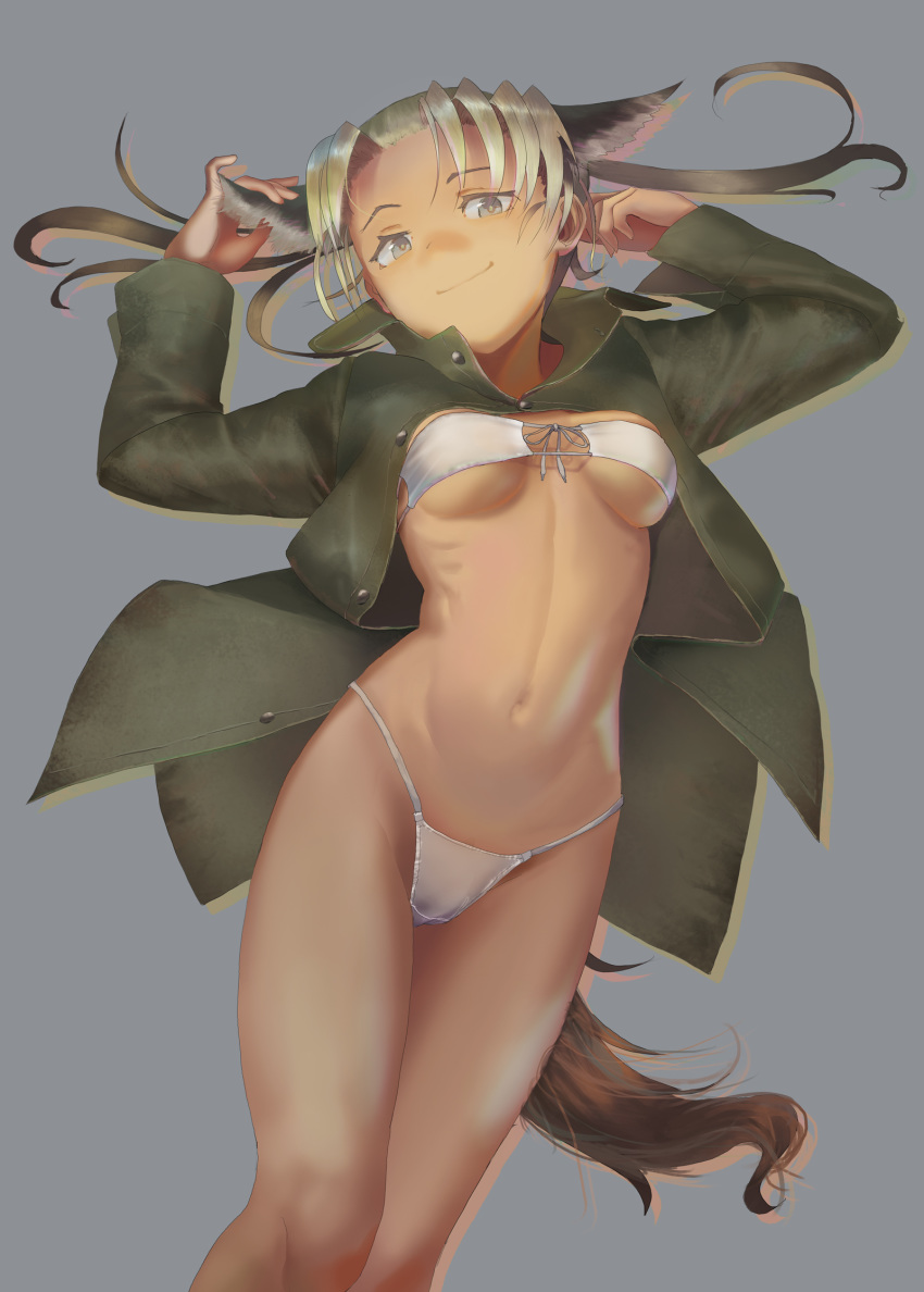 animal_ears arms_up bangs bikini breasts brown_jacket closed_mouth commentary_request cowboy_shot crotch_seam eyepatch_bikini front-tie_bikini front-tie_top furukawa_herzer grey_background hand_in_hair hand_on_ear head_tilt highleg highleg_bikini highres horse_ears horse_tail jacket light_brown_eyes light_brown_hair looking_at_viewer navel no_pants open_clothes open_jacket original parted_bangs simple_background small_breasts smirk smug solo standing string_bikini swimsuit tail tan thighs white_bikini world_witches_series