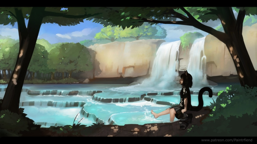 animal_ears barefoot black_hair cat_ears cat_tail day forest nature original outdoors paintrfiend patreon_username pleated_skirt shoes_removed short_hair sitting skirt smile solo splashing tail tree water waterfall watermark web_address yellow_eyes