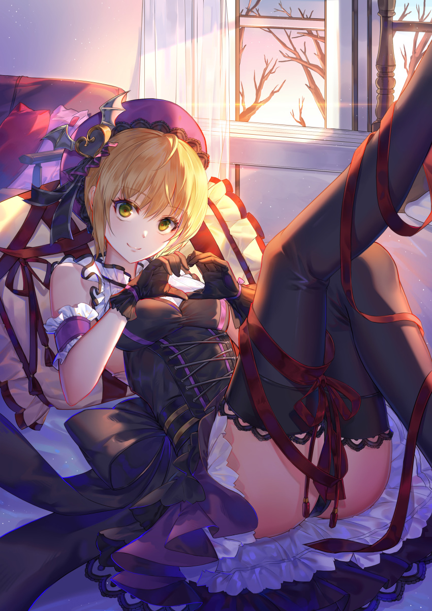 absurdres arm_garter ass bed black_bow black_legwear blonde_hair blush bow breasts closed_mouth curtains day eyebrows_visible_through_hair green_eyes hat heart heart_hands highres idolmaster idolmaster_cinderella_girls indoors looking_at_viewer lying medium_breasts miyamoto_frederica on_back pillow purple_hat purple_skirt red_ribbon ribbon shenteita short_hair skirt smile solo thighhighs tree window