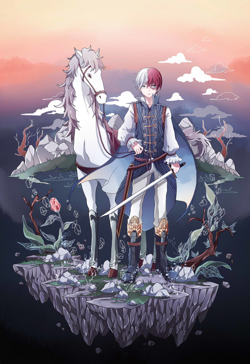 absurdres azure-aoi- blue_eyes boku_no_hero_academia boots burn_mark full_body highres holding holding_sword holding_weapon horse long_sleeves looking_at_viewer male_focus multicolored_hair pants red_hair shirt silver_hair solo standing sword todoroki_shouto two-tone_hair weapon white_pants white_shirt