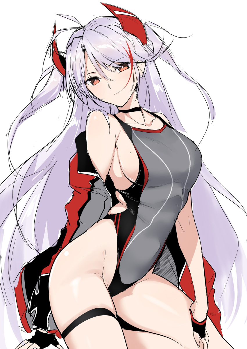 absurdres antenna_hair azur_lane bangs black_gloves breasts competition_swimsuit cowboy_shot fingerless_gloves gloves grey_jacket grey_swimsuit half_gloves harukon_(halcon) highleg highleg_swimsuit highres horns jacket large_breasts long_hair looking_at_viewer mole mole_on_breast multicolored_hair one-piece_swimsuit open_clothes open_jacket prinz_eugen_(azur_lane) sideboob silver_hair simple_background solo streaked_hair swept_bangs swimsuit two_side_up white_background