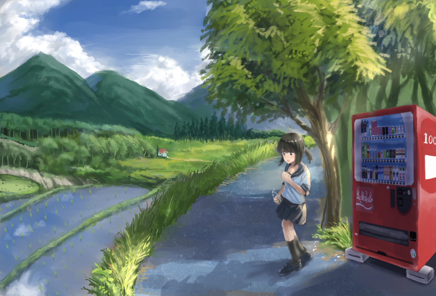 :o arm_at_side bangs black_eyes black_footwear black_hair black_legwear blue_sailor_collar blue_skirt blue_sky blush bottle building can cloud cloudy_sky commentary_request day farm forest fubuki_(kantai_collection) grass hadron9 hand_on_own_chest highres holding holding_bottle house kantai_collection kneehighs landscape leaf loafers looking_away medium_hair miniskirt mountain mountainous_horizon nature outdoors pleated_skirt road sailor_collar scenery school_uniform serafuku shade shadow shirt shoes short_ponytail short_sleeves sidelocks skirt sky solo standing tree vending_machine white_shirt