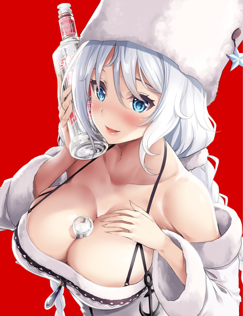 absurdres alcohol aurora_(azur_lane) azur_lane bare_shoulders blue_eyes blush bottle braid breasts cleavage collarbone commentary_request d_kurouri fur_trim hair_between_eyes hand_on_own_chest hat highres holding holding_bottle large_breasts long_hair long_sleeves looking_at_viewer parted_lips red_background shiny shiny_skin simple_background smile solo star twin_braids very_long_hair vodka white_hat