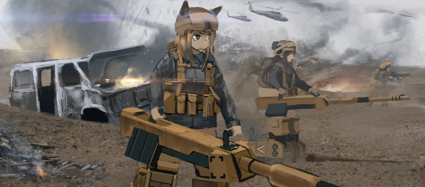 aircraft animal_ears assault_rifle bangs black_jacket brown_eyes brown_hair brown_hat cannon closed_mouth commentary_request day dust_cloud explosion fire frown furukawa_herzer gun hat headset helicopter helmet highres jacket long_hair looking_to_the_side m4_carbine military multiple_girls open_mouth original outdoors partial_commentary rifle smoke standing striker_unit tactical_clothes vehicle_request weapon weapon_request world_witches_series wreckage