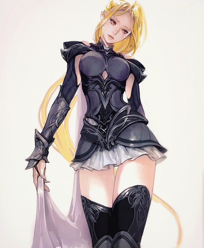 armor ass_visible_through_thighs blonde_hair cape commentary_request head_tilt highres holding_cape long_hair original paper_texture pauldrons red_eyes sketch skirt solo ssaki_metel thighhighs very_long_hair white_background