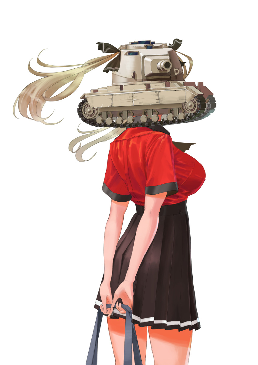 arms_behind_back ascot bag bangs black_neckwear black_ribbon black_skirt commentary_request conqueror_(tank) cowboy_shot dress_shirt from_side furukawa_herzer ground_vehicle hair_ribbon high-waist_skirt highres holding long_hair looking_at_viewer military military_vehicle miniskirt motor_vehicle object_head original partial_commentary pleated_skirt red_shirt ribbon school_bag school_uniform shirt simple_background single_horizontal_stripe skirt solo standing tank tank_head_girl twintails vehicle_request what white_background wind world_of_tanks