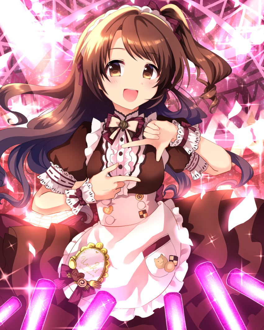 :d absurdres alternate_costume apron bangs black_dress blush bow bowtie breasts brown_eyes brown_hair buttons character_name commentary_request curly_hair dress enmaided eyebrows_visible_through_hair finger_frame floating_hair frilled_dress frills glowstick highres idolmaster idolmaster_cinderella_girls long_hair looking_at_viewer maid maid_apron maid_headdress medal medium_breasts one_side_up open_mouth parted_bangs pocket puffy_short_sleeves puffy_sleeves purple_neckwear shimamura_uzuki short_sleeves smile solo sparkle spotlight standing sweetroad symbol_commentary teeth wrist_cuffs