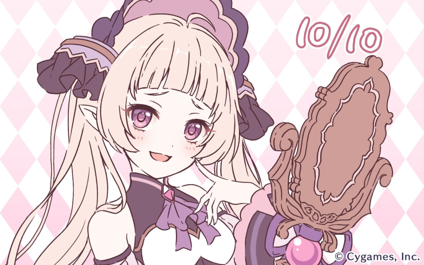 blonde_hair crossdressing cygames headband highres mirror nijimura_yuki official_art pointy_ears princess_connect! princess_connect!_re:dive purple_eyes twintails