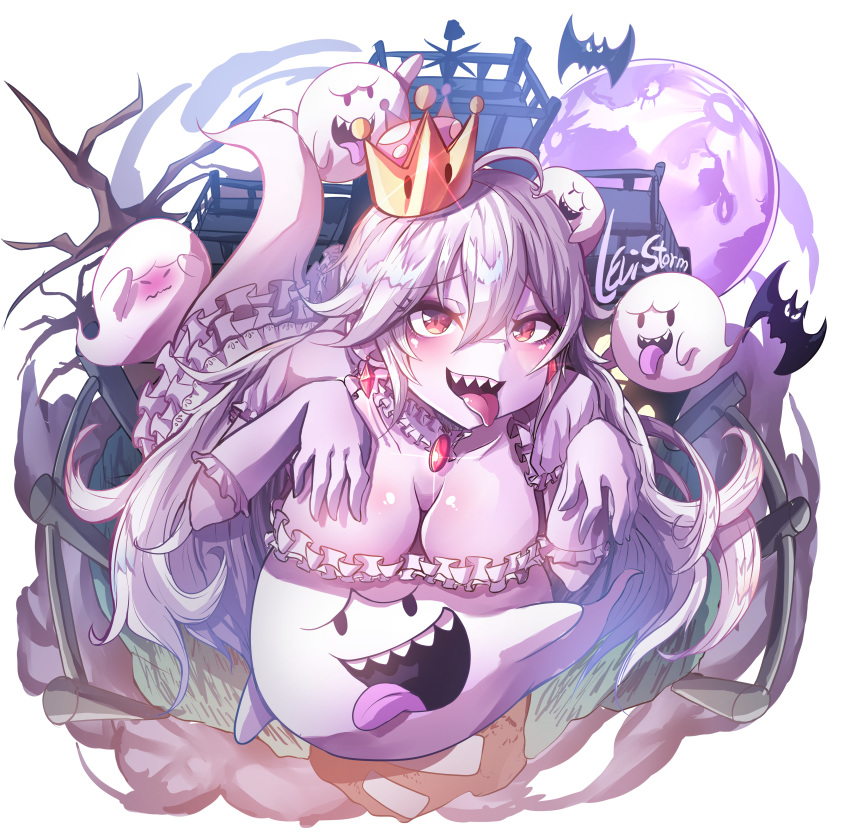 absurdres artist_name bangs bat boo breasts cleavage commentary_request crown dress earrings eyebrows_visible_through_hair frills full_moon gem ghost_tail gloves hair_between_eyes hands_up highres jewelry large_breasts levi_storm long_hair looking_at_viewer luigi's_mansion mario_(series) moon new_super_mario_bros._u_deluxe open_mouth pale_skin princess_king_boo sharp_teeth short_sleeves super_crown teeth tilted_headwear tongue tongue_out wavy_mouth white_dress white_gloves white_hair