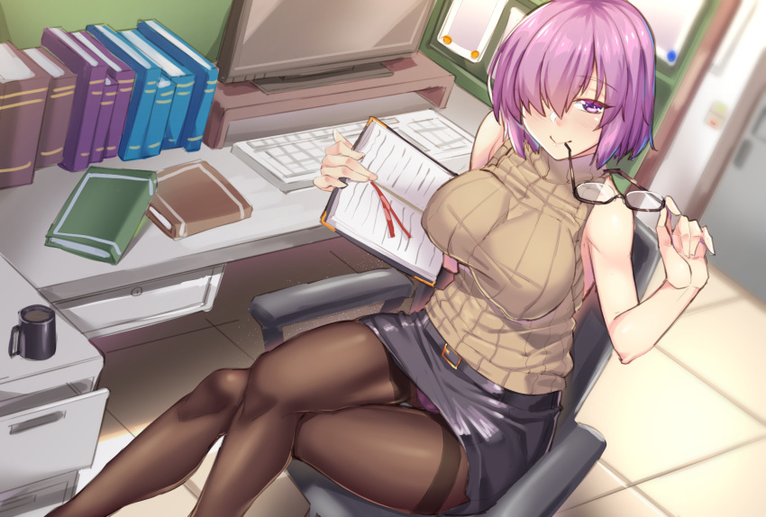 bare_arms beige_vest belt_buckle black_skirt breasts buckle chair computer crossed_legs cup day desk eyewear_in_mouth eyewear_removed fate/grand_order fate_(series) glasses hair_over_one_eye highres holding holding_eyewear indoors keyboard large_breasts looking_at_viewer looking_up mash_kyrielight miniskirt mouth_hold mug notepad office_chair panties panties_under_pantyhose pantyhose purple_eyes purple_hair ribbed_shirt screen shiny shiny_clothes shirokuma_a shirt short_hair sitting skirt sleeveless sleeveless_turtleneck solo sweater_vest thighband_pantyhose turtleneck underwear window