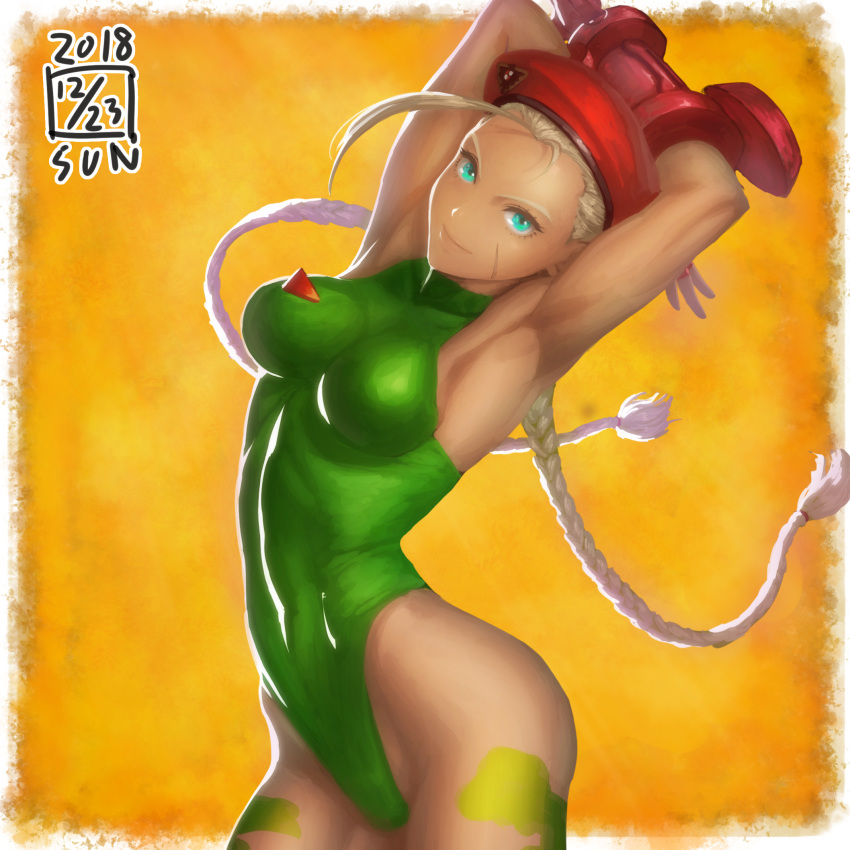 1girl ahoge armpits bare_arms bare_shoulders beret blonde_hair blue_eyes braid breasts cammy_white closed_mouth cowboy_shot dated floating_hair gloves green_leotard hat highleg highleg_leotard highres ikeda_(cpt) impossible_clothes impossible_leotard leaning_to_the_side leotard looking_at_viewer medium_breasts orange_background red_gloves red_hat scar smile solo standing street_fighter stretch twin_braids