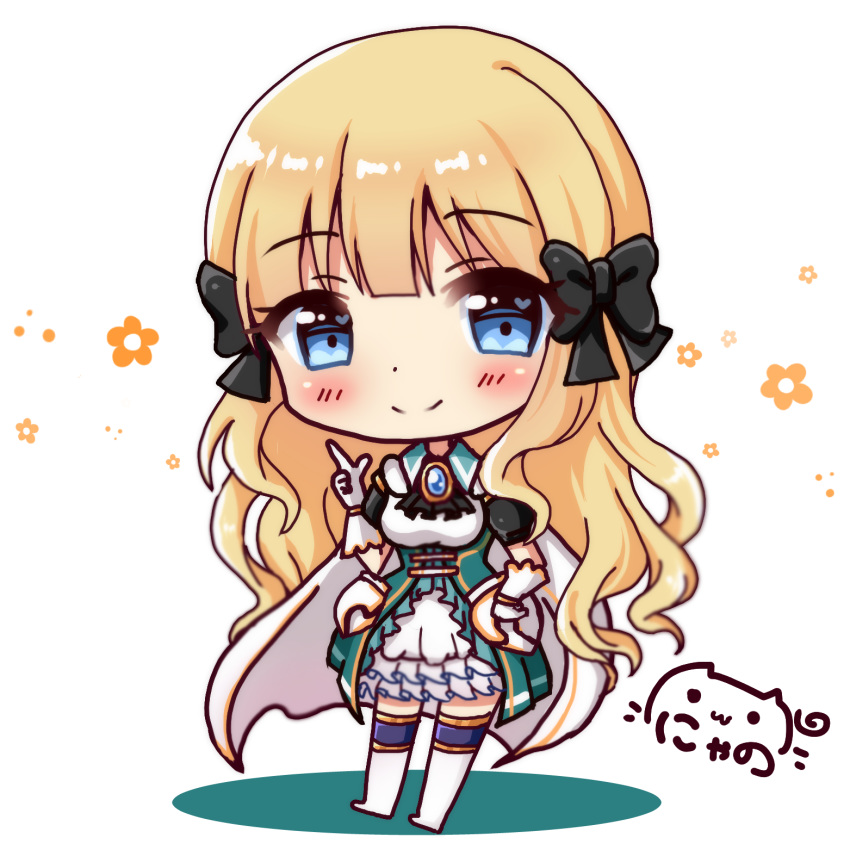 bangs black_bow blonde_hair blue_eyes blunt_bangs blush boots bow breasts brooch character_request chibi closed_mouth collared_dress commentary_request detached_sleeves dress eyebrows_visible_through_hair full_body gloves hair_bow hand_up heart heart_in_eye highres index_finger_raised jewelry knee_boots long_hair medium_breasts nyano21 princess_connect! princess_connect!_re:dive puffy_short_sleeves puffy_sleeves short_sleeves signature smile solo standing symbol_in_eye very_long_hair white_background white_dress white_gloves white_legwear