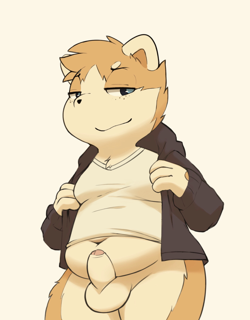 anthro balls bottomless brown_fur canine child clothed clothing cub dog erection foreskin fur humanoid_penis jacket male mammal moobs navel obese overweight penis shiba_inu shibubaman slightly_chubby solo uncut undershirt undressing young