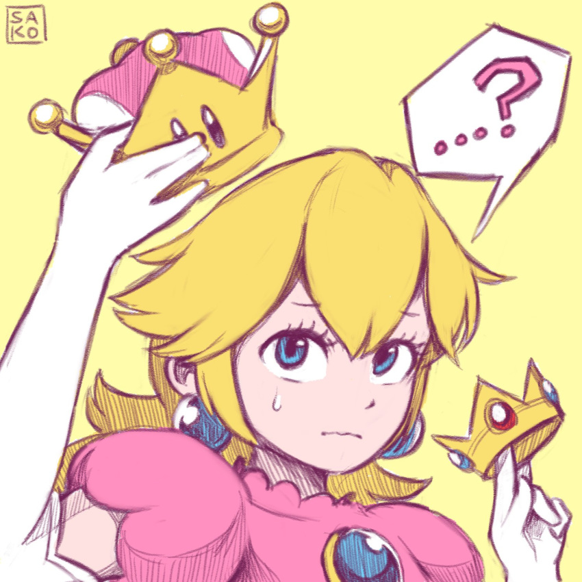 ...? 1girl artist_name between_fingers blonde_hair blue_earrings blue_eyes brooch closed_mouth crown crown_removed dress earrings elbow_gloves gloves holding iamsako jewelry long_hair looking_up mario_(series) mini_crown new_super_mario_bros._u_deluxe nintendo pink_dress princess_peach puffy_short_sleeves puffy_sleeves short_sleeves simple_background solo speech_bubble super_crown super_mario_bros. sweatdrop upper_body white_gloves worried yellow_background