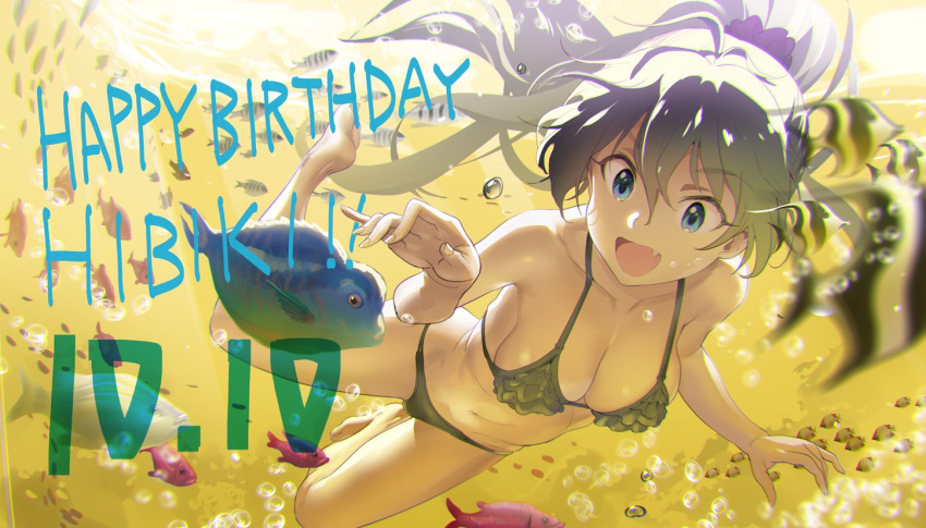 :d air_bubble andou_shuuki antenna_hair bare_legs barefoot bikini black_bikini black_hair blue_eyes breasts bubble cleavage commentary_request dated fang fingernails fish freediving ganaha_hibiki hair_between_eyes hair_ornament hair_scrunchie happy_birthday high_ponytail holding_breath idolmaster idolmaster_(classic) medium_breasts navel open_mouth ponytail scrunchie smile solo swimming swimsuit underwater