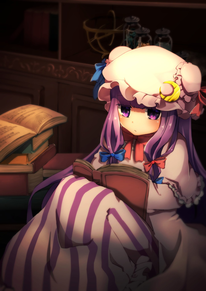 bangs blue_bow blue_ribbon blunt_bangs blush book book_stack bookshelf bow braid commentary crescent crescent_moon_pin dark expressionless eyebrows_visible_through_hair globe hat highres jar long_hair nyankoni_koban open_book patchouli_knowledge purple_eyes purple_hair reading red_bow red_neckwear red_ribbon ribbon shelf sitting solo touhou twin_braids very_long_hair