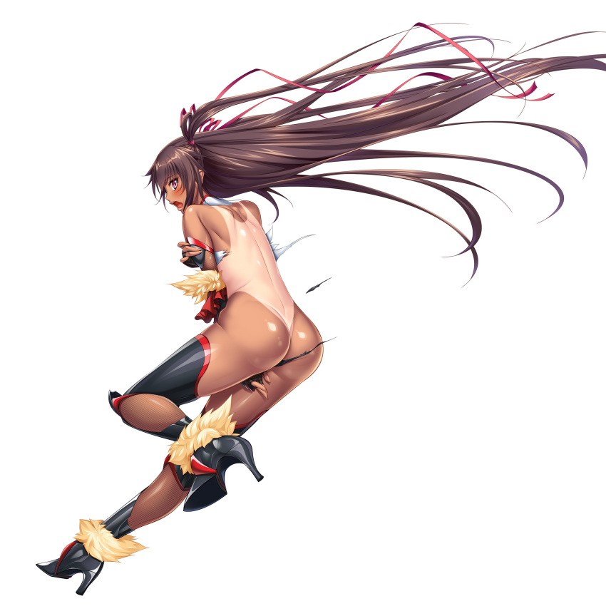 absurdres aoi_nagisa_(metalder) ass bangs bare_shoulders blush brown_hair covering covering_breasts dark_skin fishnets from_behind full_body fur_trim high_heels highres leg_up long_hair looking_at_viewer looking_back mizuki_yukikaze official_art open_mouth purple_eyes shiny shiny_hair shiny_skin simple_background taimanin_(series) taimanin_yukikaze tan tanline thighhighs thighs torn_clothes white_background