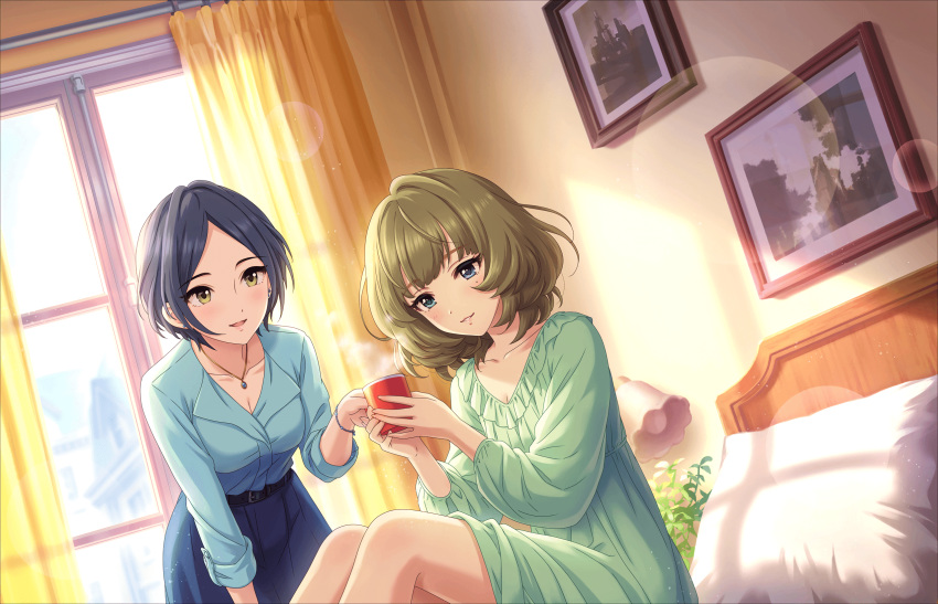 artist_request bangs bed belt blue_eyes blue_shirt blue_skirt blush bracelet breasts brown_hair cleavage collarbone cup curtains earrings eyebrows_visible_through_hair fringe_trim green_eyes hayami_kanade heterochromia highres idolmaster idolmaster_cinderella_girls idolmaster_cinderella_girls_starlight_stage indoors jewelry lamp looking_at_another medium_breasts mole mole_under_eye multiple_girls mysterious_eyes_(idolmaster) necklace nightgown official_art on_bed parted_bangs pillow plant pretty_liar_(idolmaster) shirt short_hair sitting skirt smile sunlight takagaki_kaede window yellow_eyes