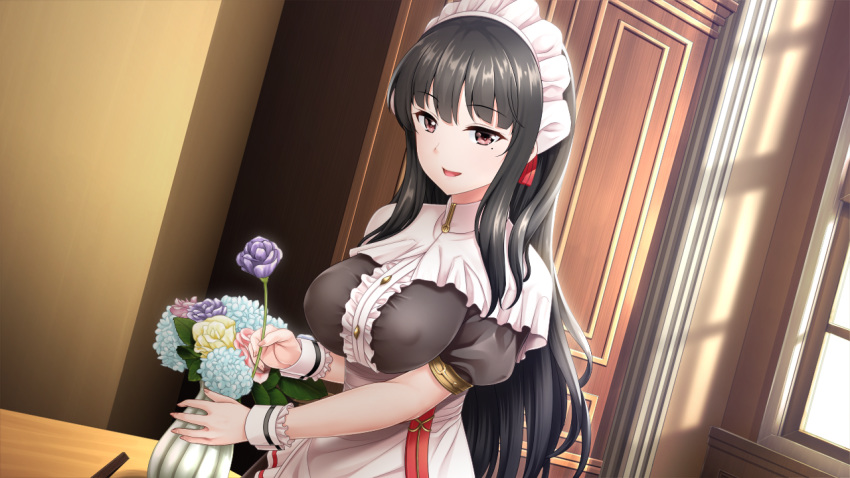 1girl anette_(paizuri_fiancee) bangs beauty_mark black_hair breasts day erect_nipples eyebrows eyebrows_visible_through_hair flower game_cg highres indoors large_breasts long_hair looking_at_viewer maid maid_headdress mole mole_under_eye open_mouth original paizuri_fiancee purple_flower purple_rose red_eyes rose smile solo standing table uni8 upper_body vase window wrist_cuffs yellow_flower yellow_rose