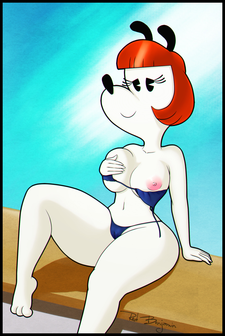 anthro bikini breasts canine cleavage clothed clothing dog erica female hair mammal mickey_mouse_shorts nipples one_breast_out red_hair sirredbenjamin smile solo swimsuit