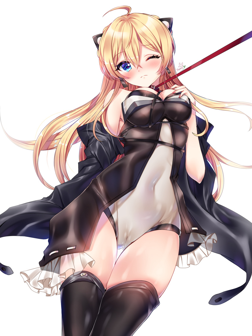 ahoge bangs bdsm black_coat black_legwear blonde_hair blue_eyes blush bound breasts cameltoe cleavage clenched_hand coat collar commentary covered_navel eyebrows_visible_through_hair fingernails frills frown girls_frontline hair_ornament hand_on_own_chest highres impossible_clothes k5_(girls_frontline) large_breasts leash long_fingernails long_hair looking_at_viewer nail_polish off_shoulder one_eye_closed open_clothes open_coat signature simple_background solo taut_clothes thigh_gap thighhighs thighs white_background xes_(xes_5377)